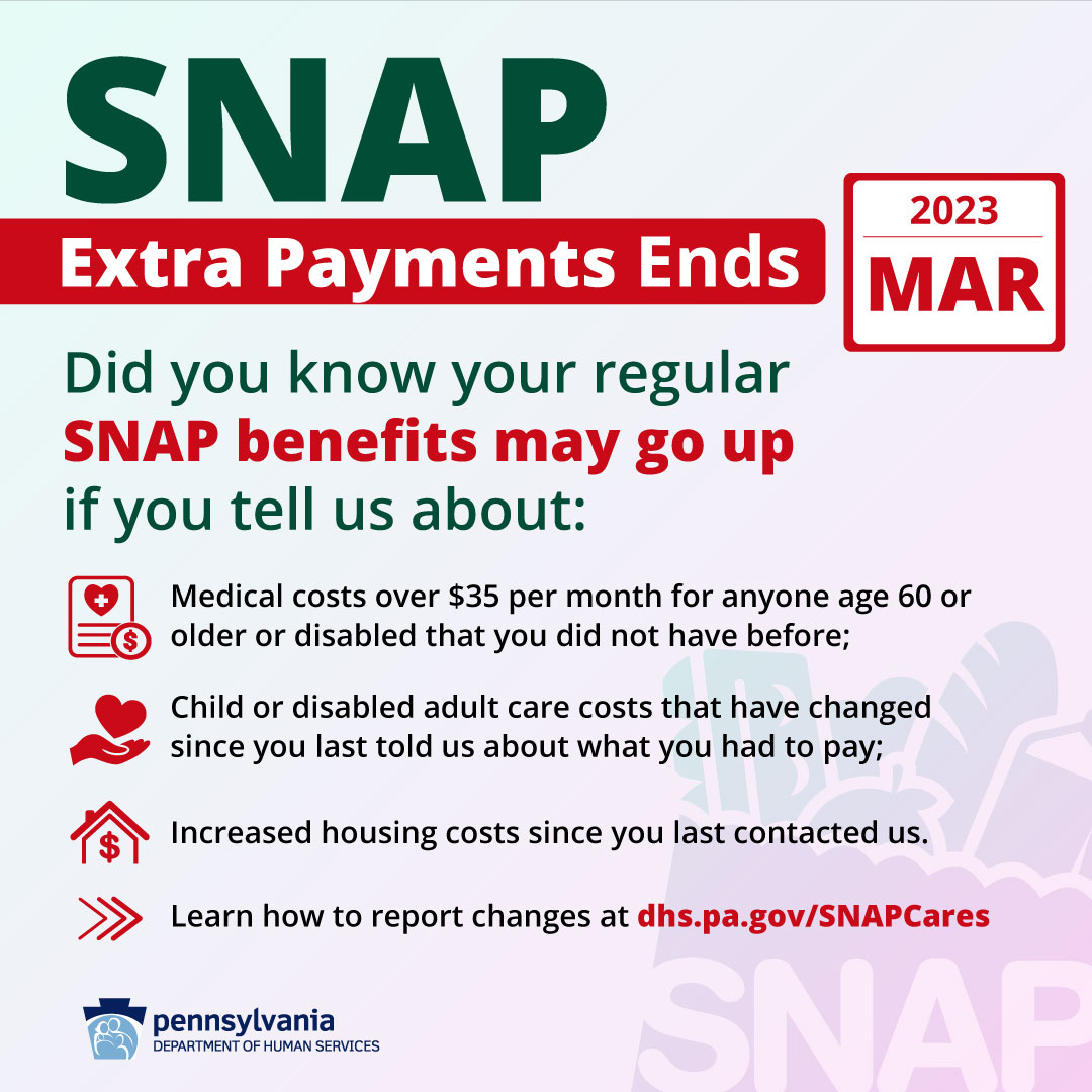 General Information Graphic text reads- SNAP Extra Payments Ends March 2023 - Did you know your regular SNAP benefits may go up if you tell us about: -Medical costs over $35 per month for anyone age 60 or older or disabled that you did not have before; -Child or disabled adult care costs that have changed since you last told us about what you had to pay; -Increased housing costs since you last contacted us. Learn how to report changes at dhs.pa.gov/SNAPCares